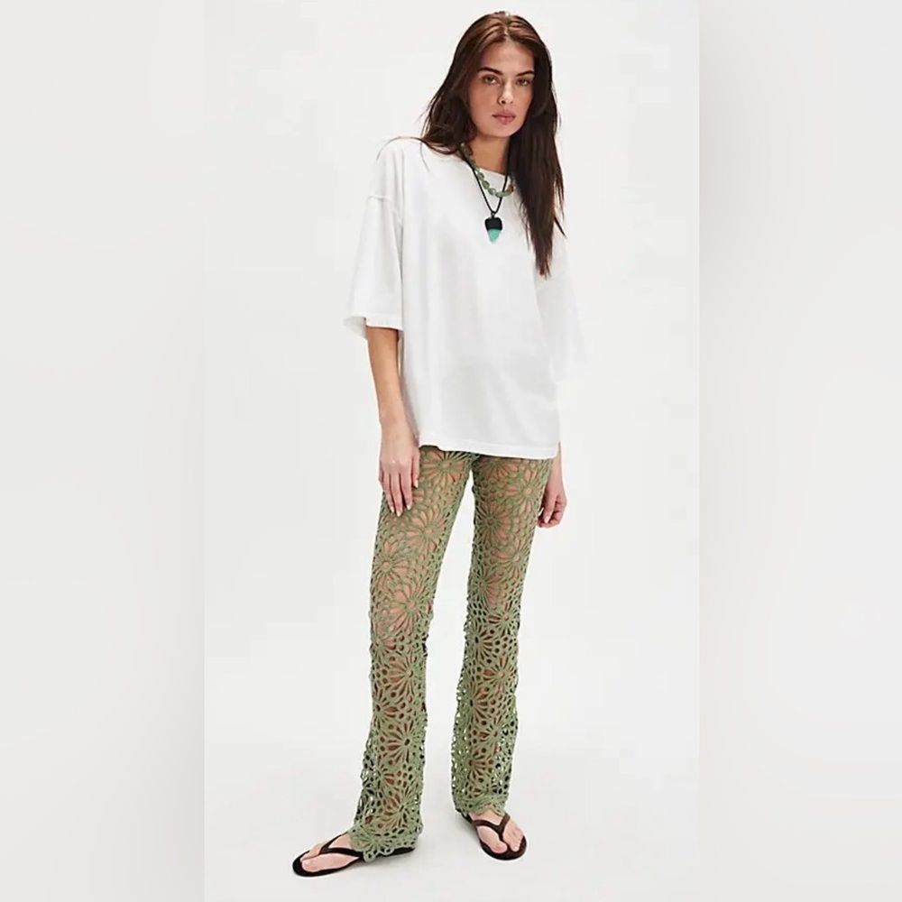 Free People Norma Kamali Lace Boot Pants Crochet Knit Lace Scalloped Hem